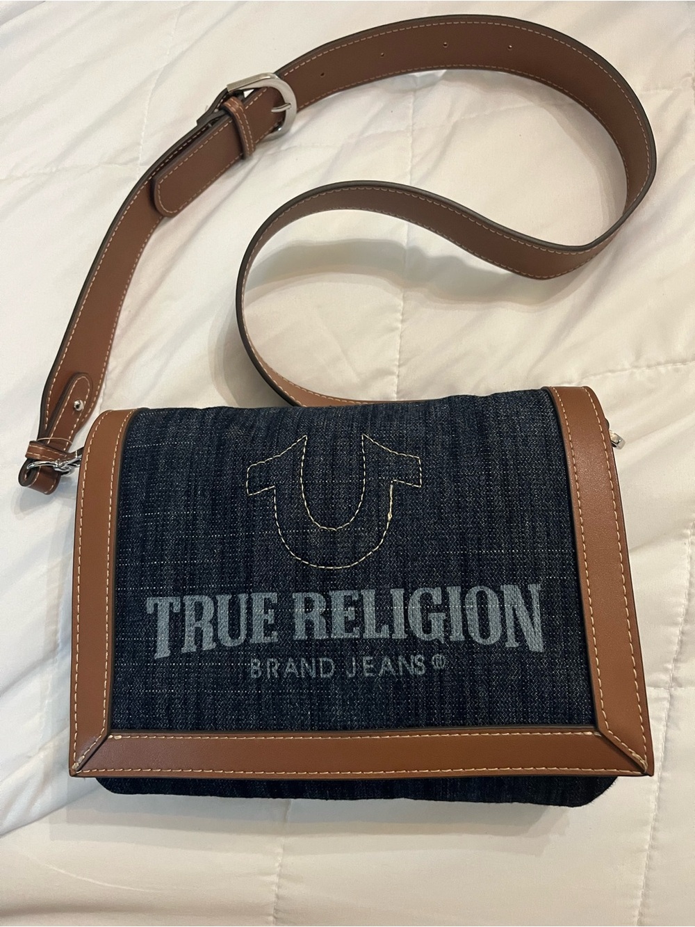 True Religion Dark Blue Denim Bag with Brown Faux Leather Trim
